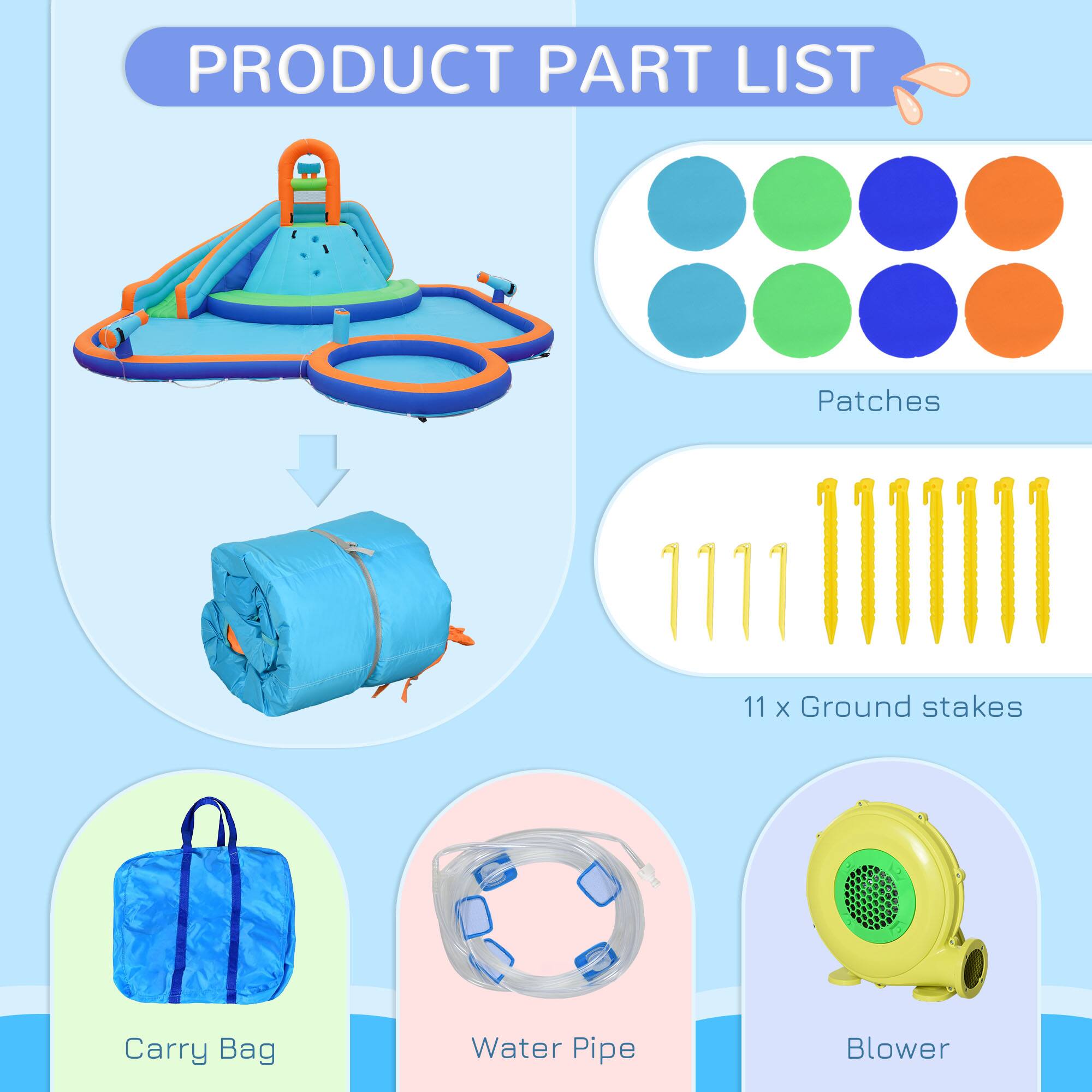 PRODUCT PART LIST

- Patches
- 11 x Ground stakes
- Carry Bag
- Water Pipe
- Blower