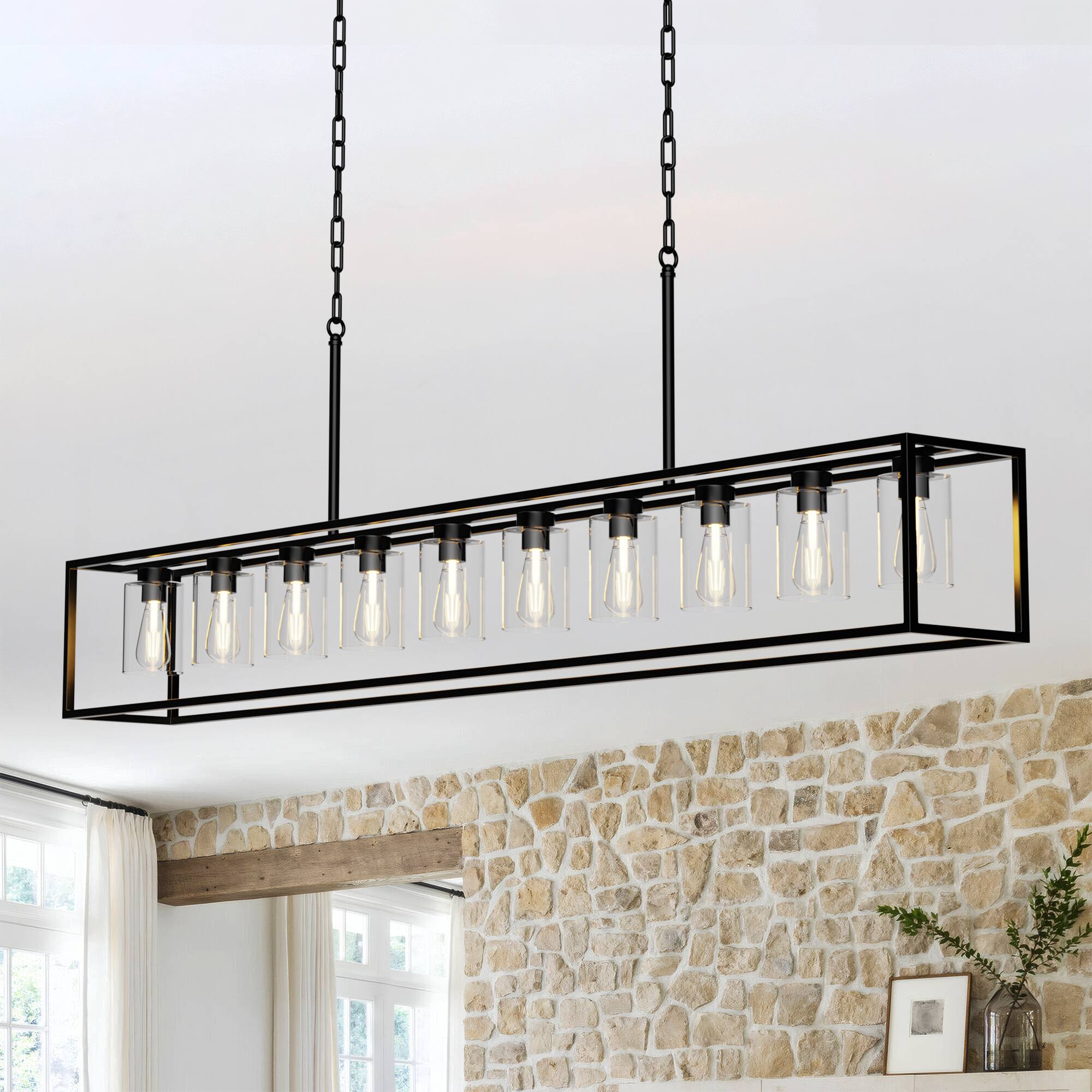 Front. RYHNUYNE - 10 Light Dining Room Light Fixture,Black Industrial Kitchen Lighting Fixtures,Farmhouse Chandelier with Glass Shade - Black.