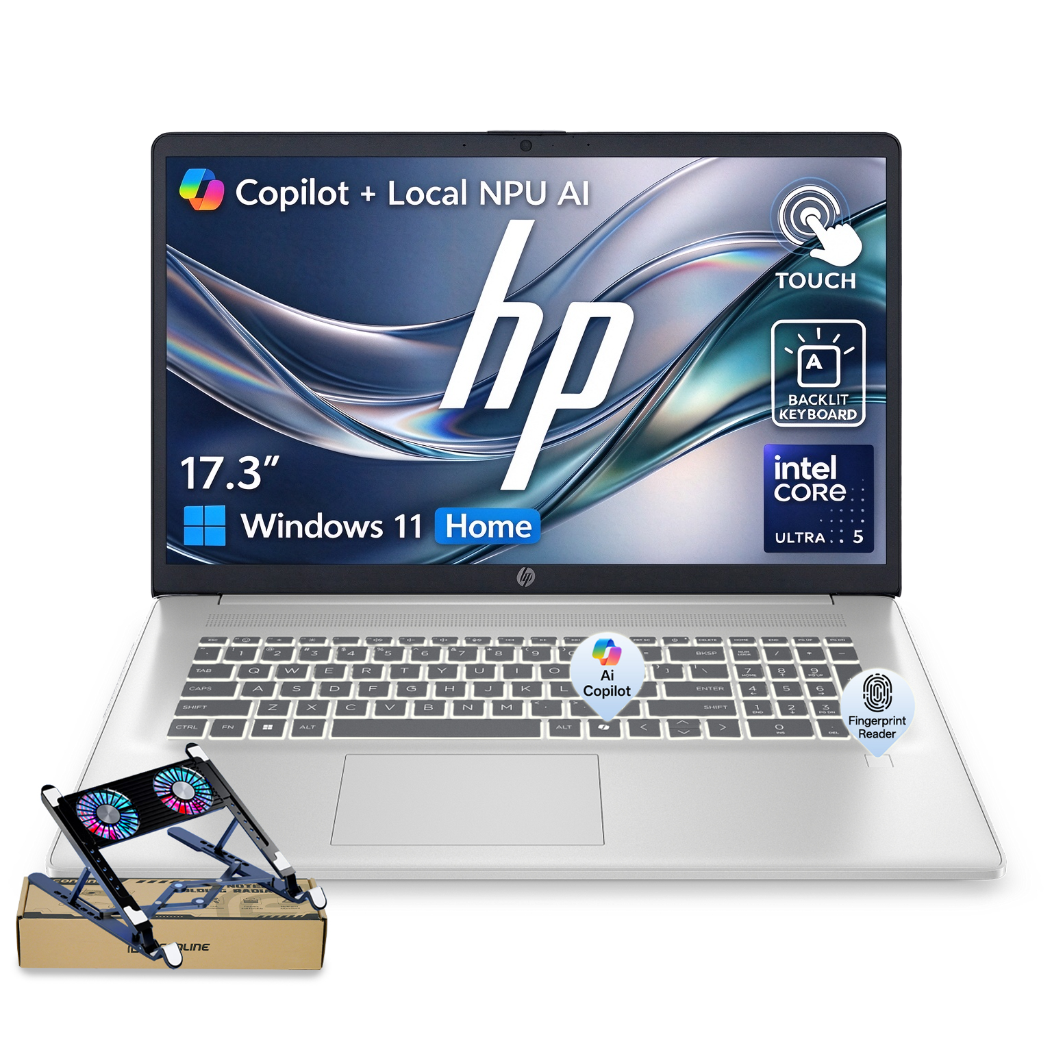 Copilot + Local NPU AI  
17.3" hp Windows 11 Home  
TOUCH  
BACKLIT KEYBOARD  
intel CORE ULTRA 5  
Fingerprint Reader