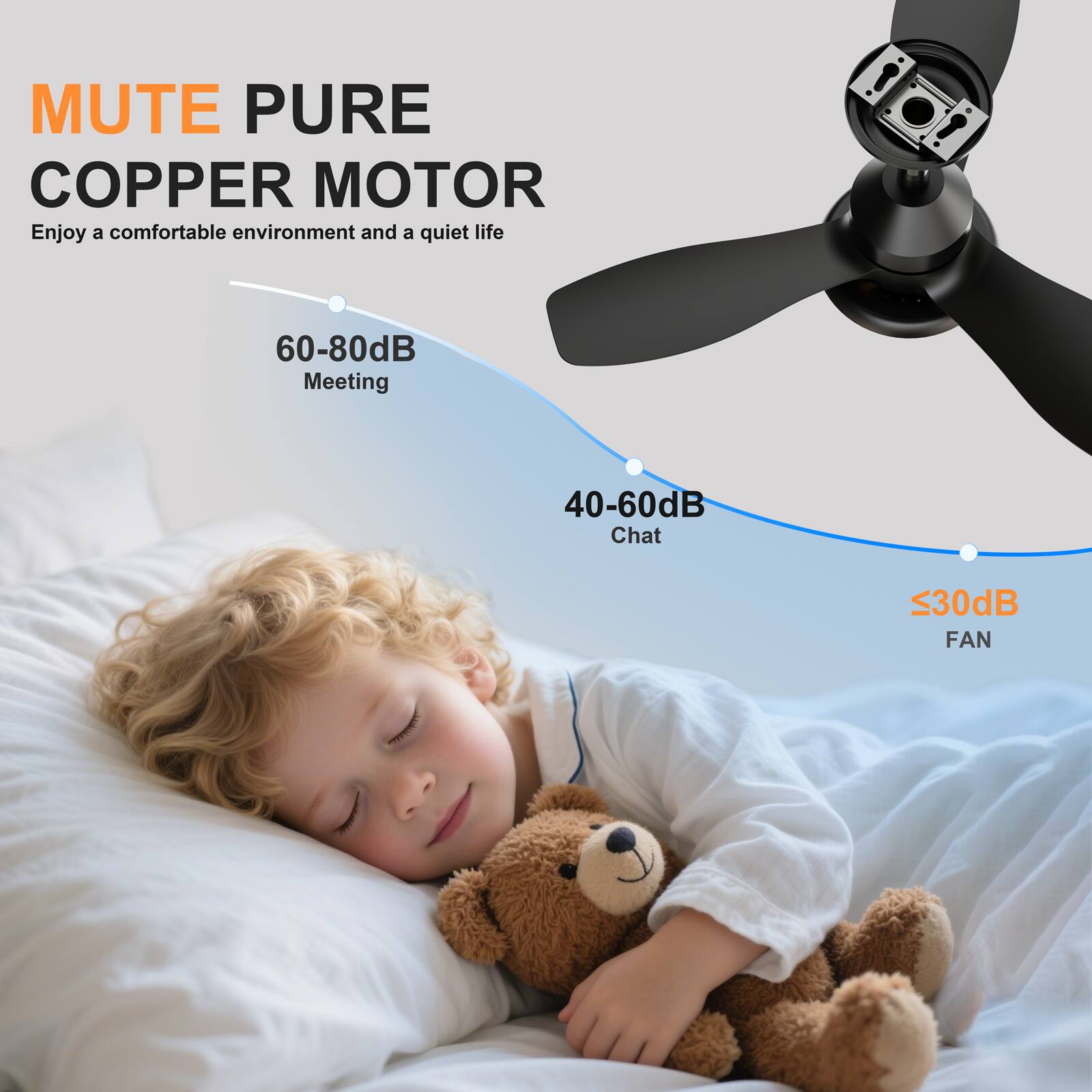 MUTE PURE COPPER MOTOR  
Enjoy a comfortable environment and a quiet life  

60-80dB  
Meeting  

40-60dB  
Chat  

<30dB  
FAN