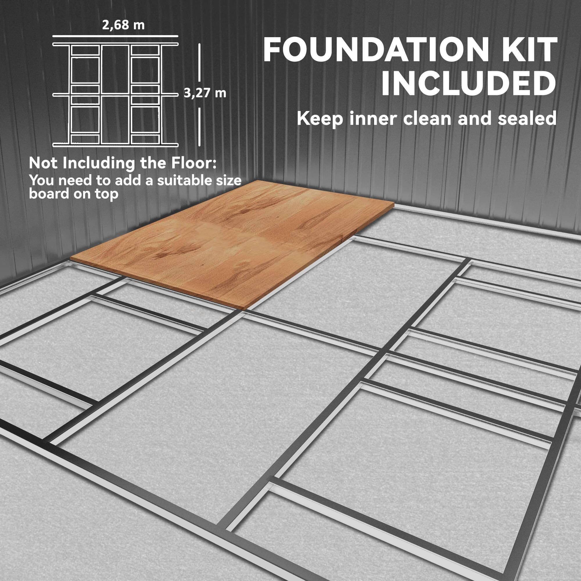 FOUNDATION KIT INCLUDED

Keep inner clean and sealed

Not Including the Floor: You need to add a suitable size board on top

2,68 m

3,27 m
