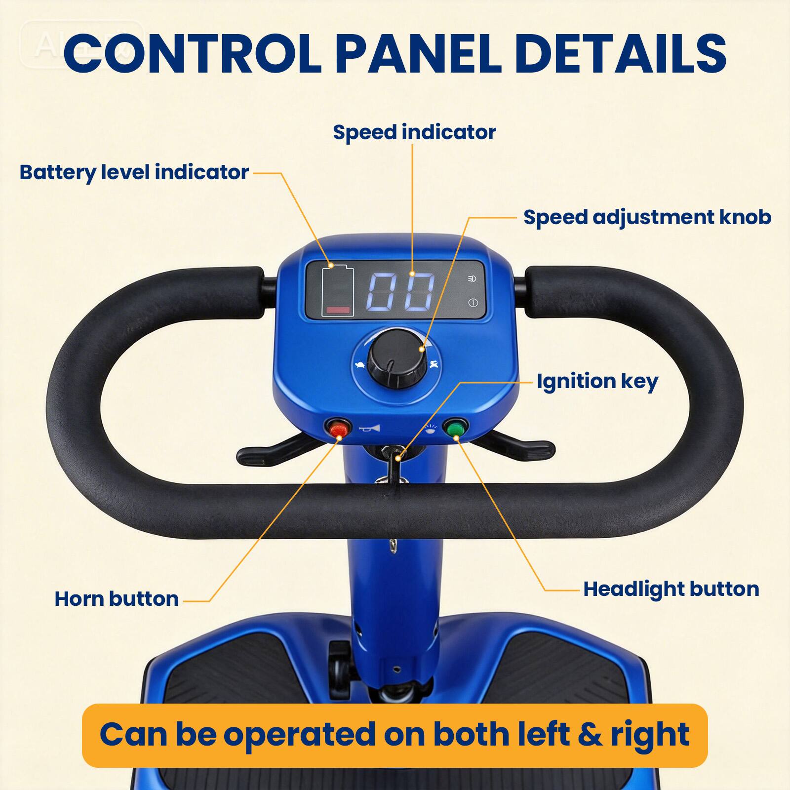CONTROL PANEL DETAILS

- Battery level indicator
- Speed indicator
- Speed adjustment knob
- Ignition key
- Horn button
- Headlight button

Can be operated on both left & right