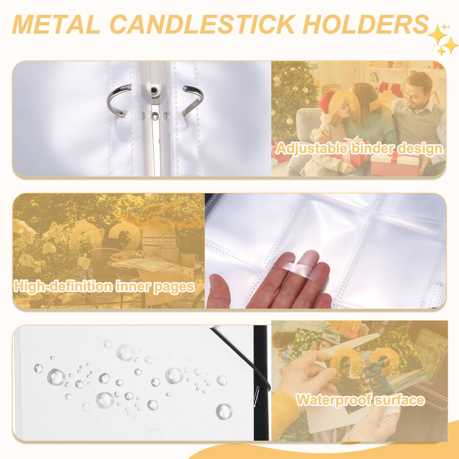 METAL CANDLESTICK HOLDERS

Adjustable binder design

High-definition inner pages

Waterproof surface