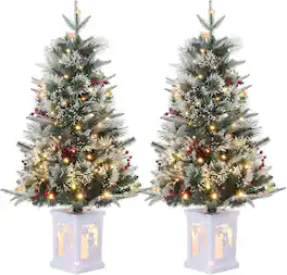 Qeetex - 3FT 2-Pack Flocked Christmas Trees with Snowman Base, Holiday Home Decoration for Entryway or Porch - White-snowman