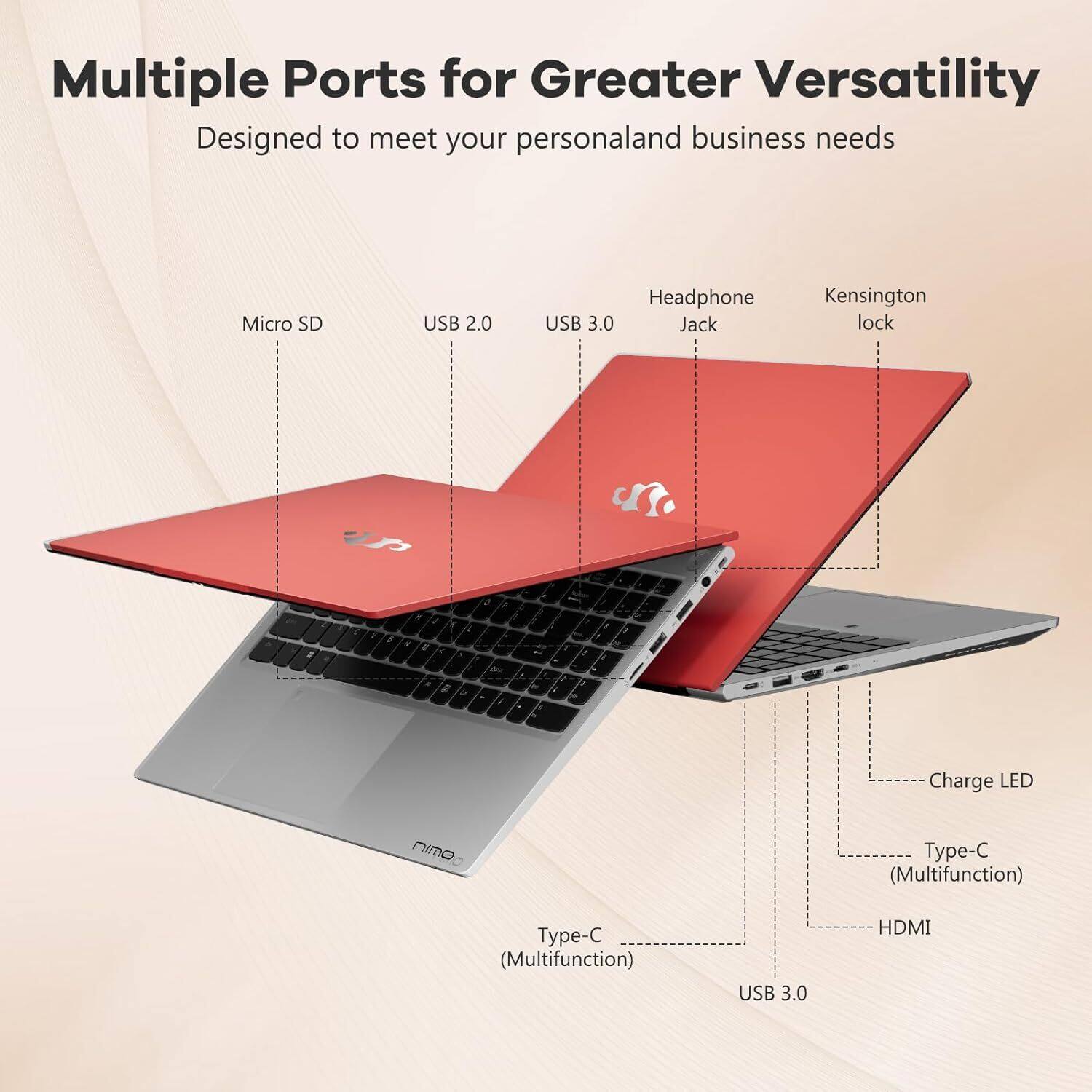 Multiple Ports for Greater Versatility  
Designed to meet your personal and business needs  

- Micro SD  
- USB 2.0  
- USB 3.0  
- Headphone Jack  
- Kensington lock  
- Charge LED  
- Type-C (Multifunction)  
- Type-C (Multifunction)  
- USB 3.0  
- HDMI