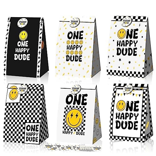 ESBANY – 24 Pcs One Happy Dude Party Favor Bags 1st Birthday Party Decor Paper Smile Face Gift Bags with Tag Sticker One Happy – black, white, yellow