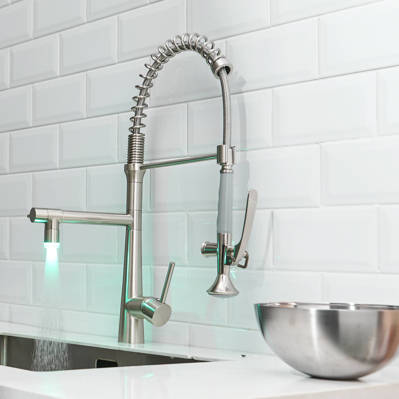 Angle. APRILSOUL - LED Kitchen Sink Faucet Single Handle Pre-Rinse Spring Sprayer Kitchen Faucets High Arc Pull Down Brushed Nickel - Brushed Nickel.