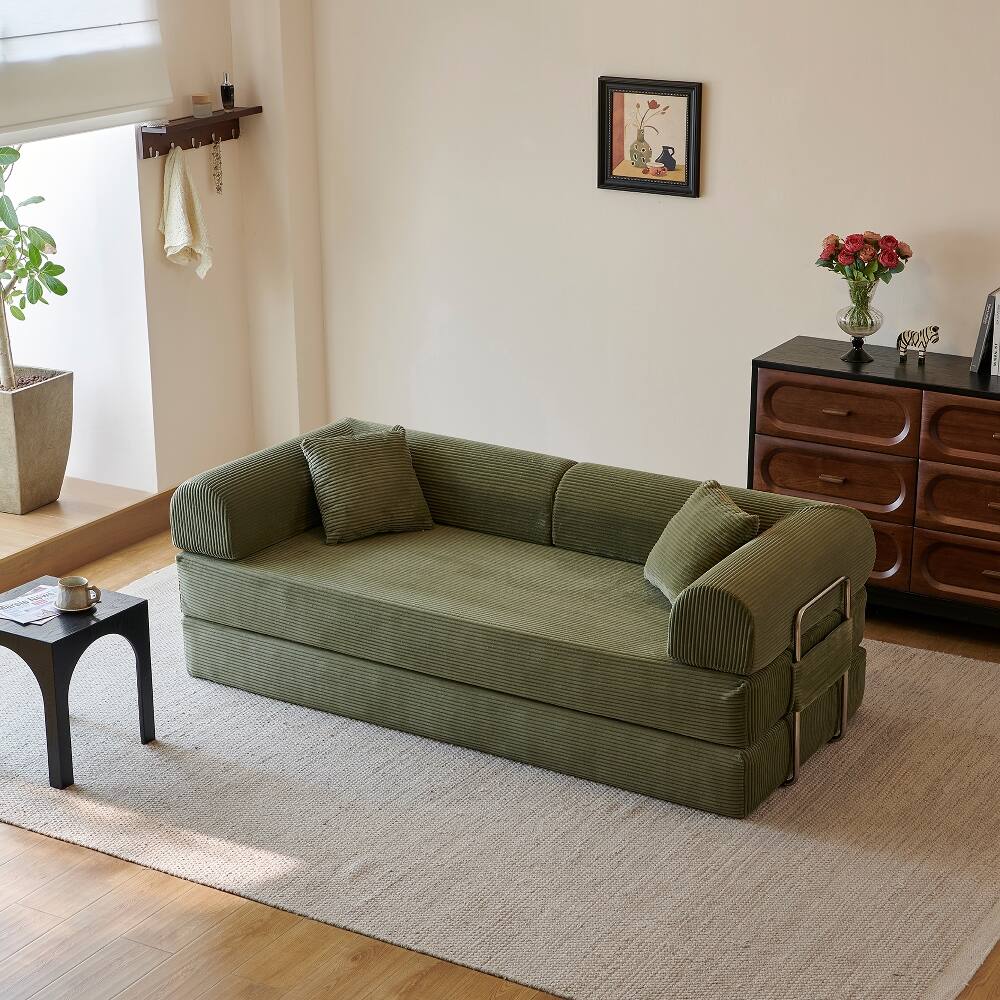 Back. Loheer - Loheer 78.8 Inch Compression Sofa Convertible Floor Sofa Bed Corduroy Loveseat - Beige.