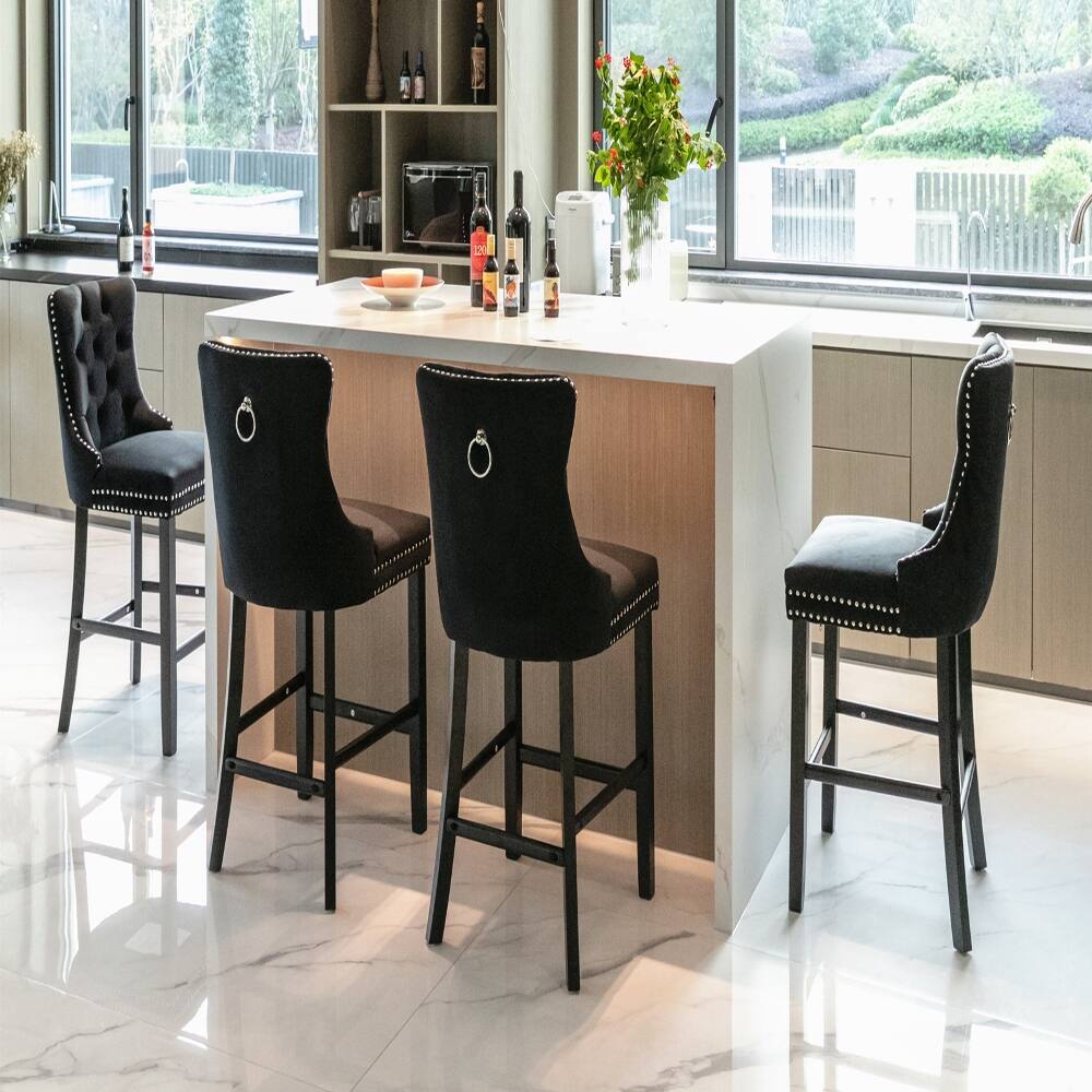Alt View 9. Loheer - Loheer Black Velvet Barstools Set of 2 Button Tufted Bar Chairs - Black.