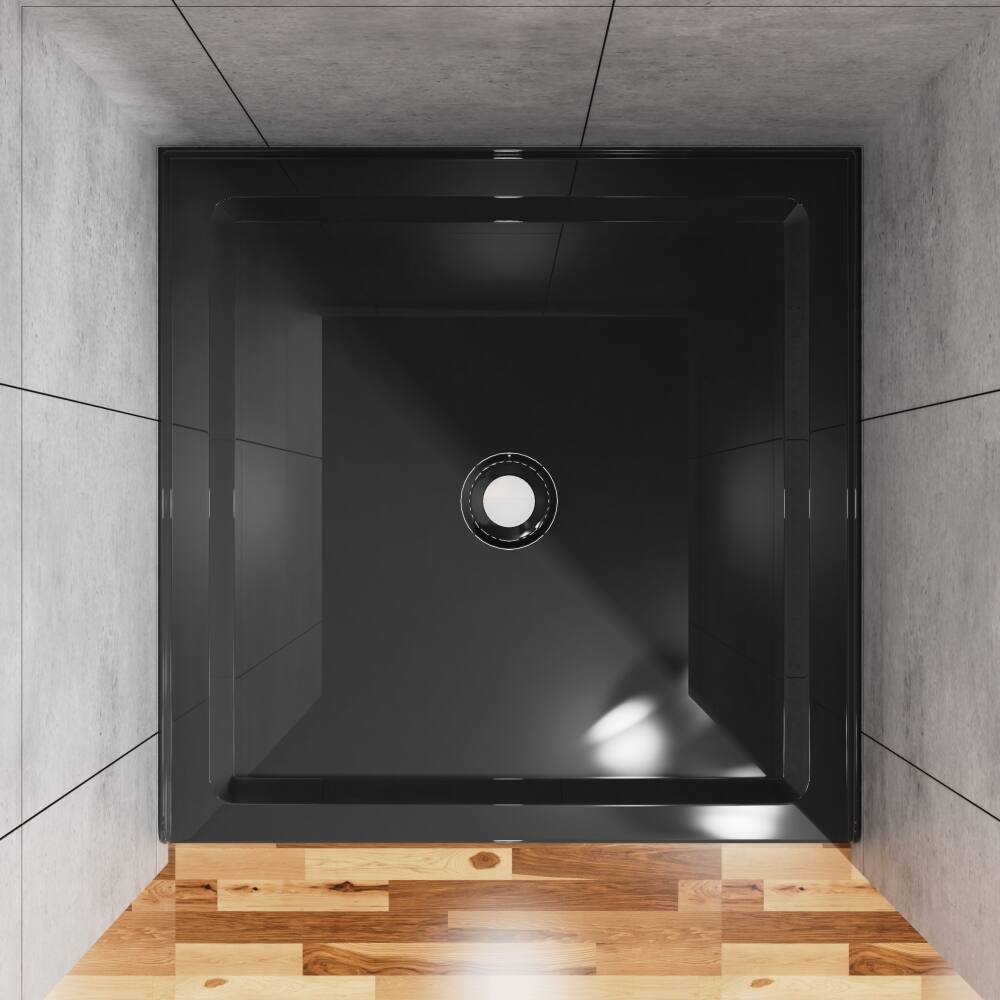 Angle. JUJABU - 36"x36" Shower Base 3.5" Height Anti-slip Acrylic Center Drain Single Threshold Shower Basin in Black - Black.