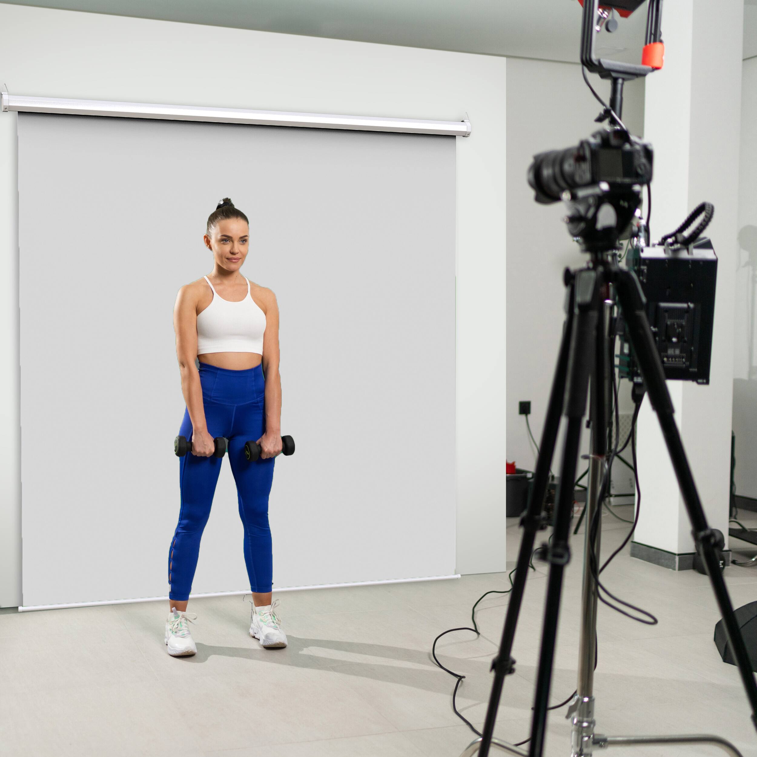 Angle. KHOMO GEAR - White Backdrop 84 x 84 in – XL Pull-Down Screen with White Case for Zoom, Photos & Video.