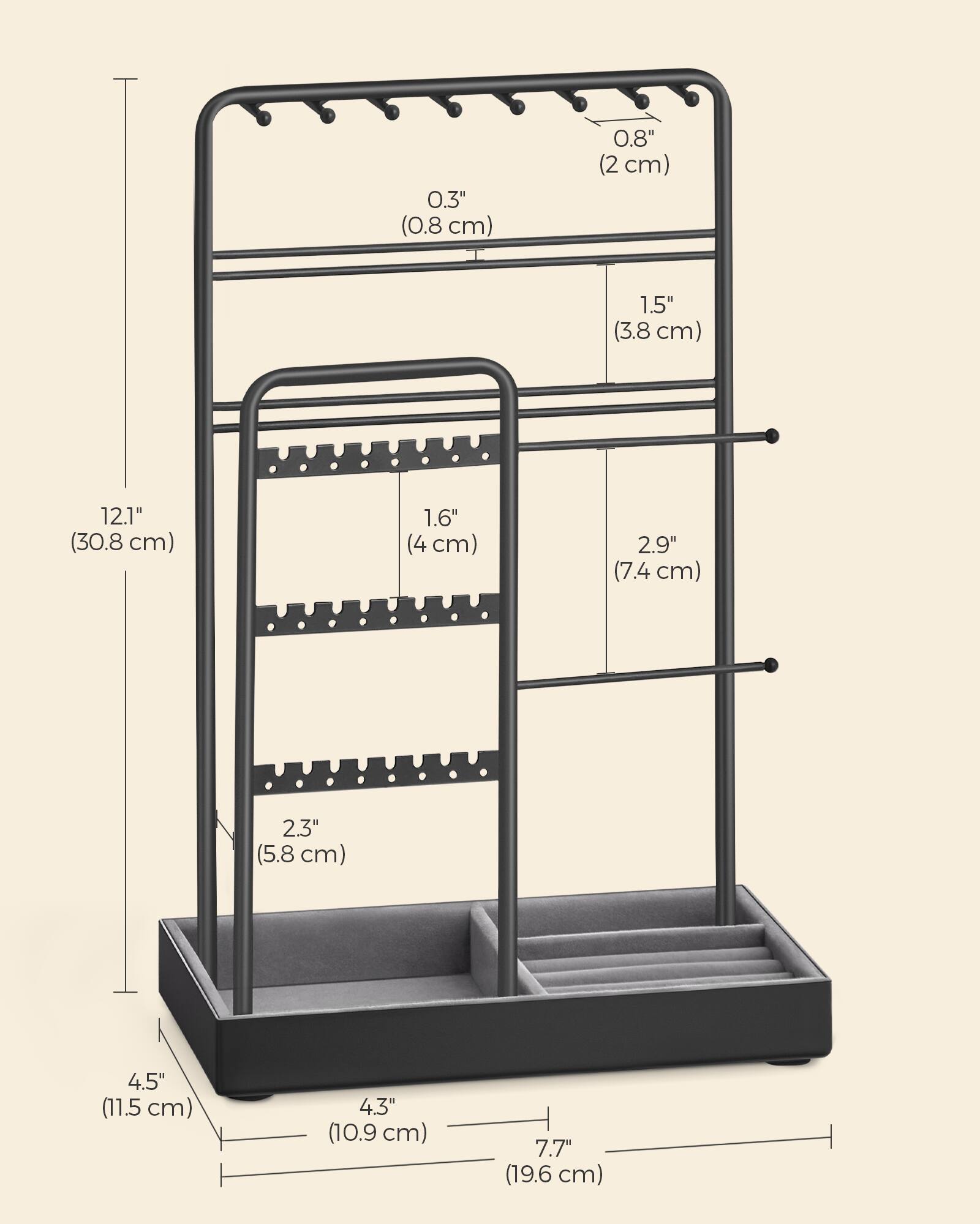 0.3" (0.8 cm)  
0.8" (2 cm)  
1.5" (3.8 cm)  
12.1" (30.8 cm)  
1.6" (4 cm)  
2.9" (7.4 cm)  
2.3" (5.8 cm)  
4.5" (11.5 cm)  
4.3" (10.9 cm)  
7.7" (19.6 cm)
