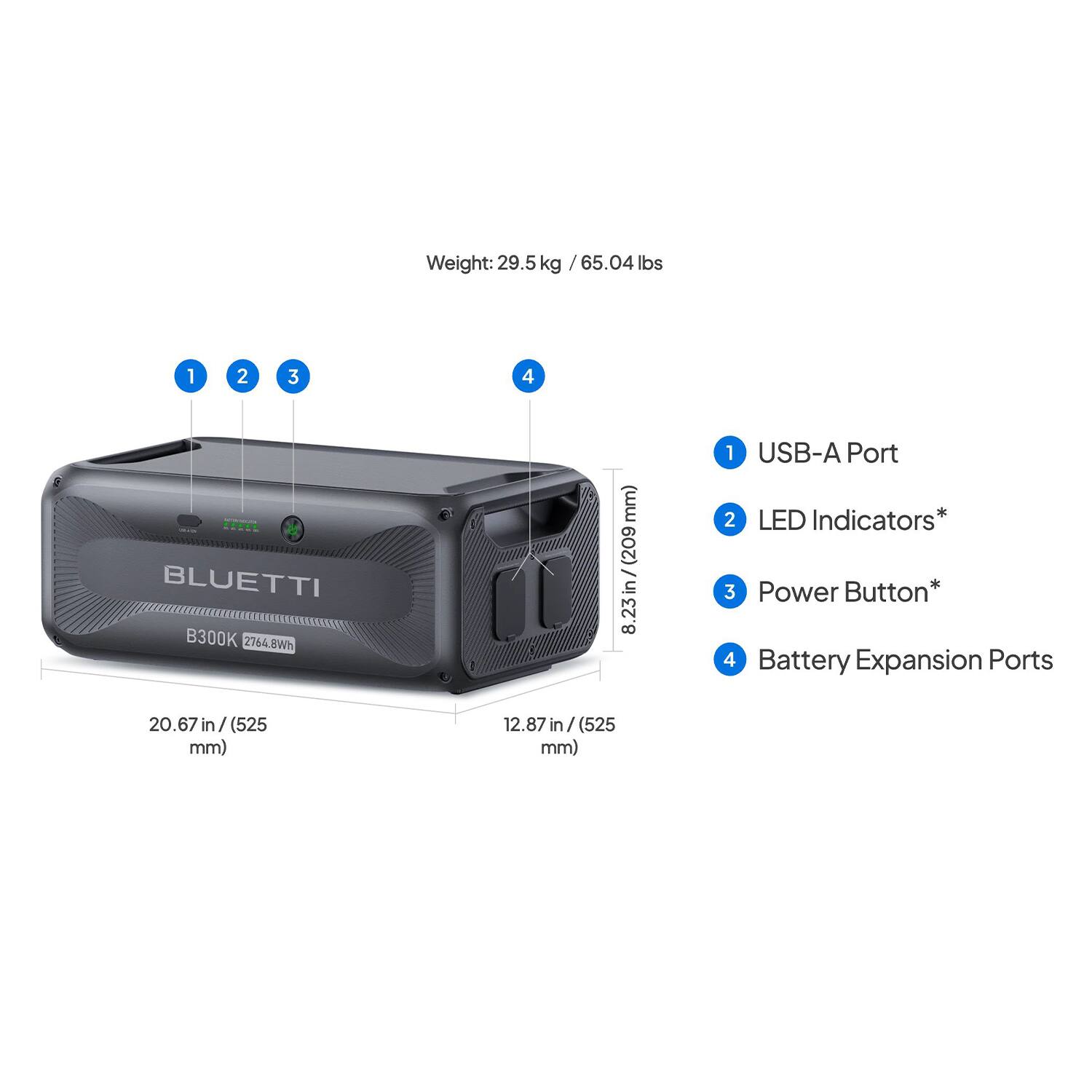 Weight: 29.5 kg / 65.04 lbs

1. USB-A Port
2. LED Indicators*
3. Power Button*
4. Battery Expansion Ports

BLUETTI B300K 2764.8Wh

Dimensions:
- 20.67 in / 525 mm
- 12.87 in / 525 mm
- 8.23 in / 209 mm