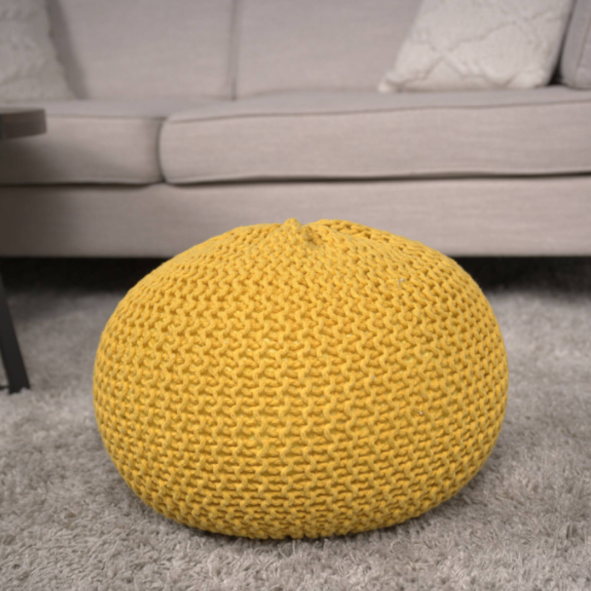 Alt View 1. GOODSILO - Round Knitted Cotton Pouf Ottoman Floor Cushion Stylish Home Decor Accent Piece - Yellow.