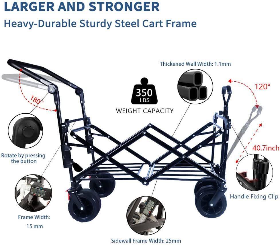 Larger and Stronger Heavy-Durable Sturdy Steel Cart Frame

- Thickened Wall Width: 1.1mm
- Weight Capacity: 350 LBS
- Rotate by pressing the button
- Handle Length: 40.7inch
- Frame Width: 15 mm
- Sidewall Frame Width: 25mm