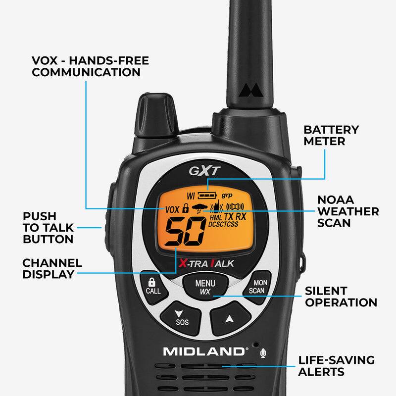 VOX - HANDS-FREE COMMUNICATION  
BATTERY METER  
PUSH TO TALK BUTTON  
CHANNEL DISPLAY  
NOAA WEATHER SCAN  
SILENT OPERATION  
LIFE-SAVING ALERTS  

grp  
VOX A (HML TX RX DCSCTCSS)  
50  
X-TRALINK  
MENU  
WX  
SCAN  
MON  
CALL  
SOS  
MIDLAND