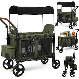 Wisairt - Wagon Stroller for 2 Kids, 3-in-1 Foldable Stroller Wagon with Canopy, 5-Point Harness, All-Terrain Wheels - Green