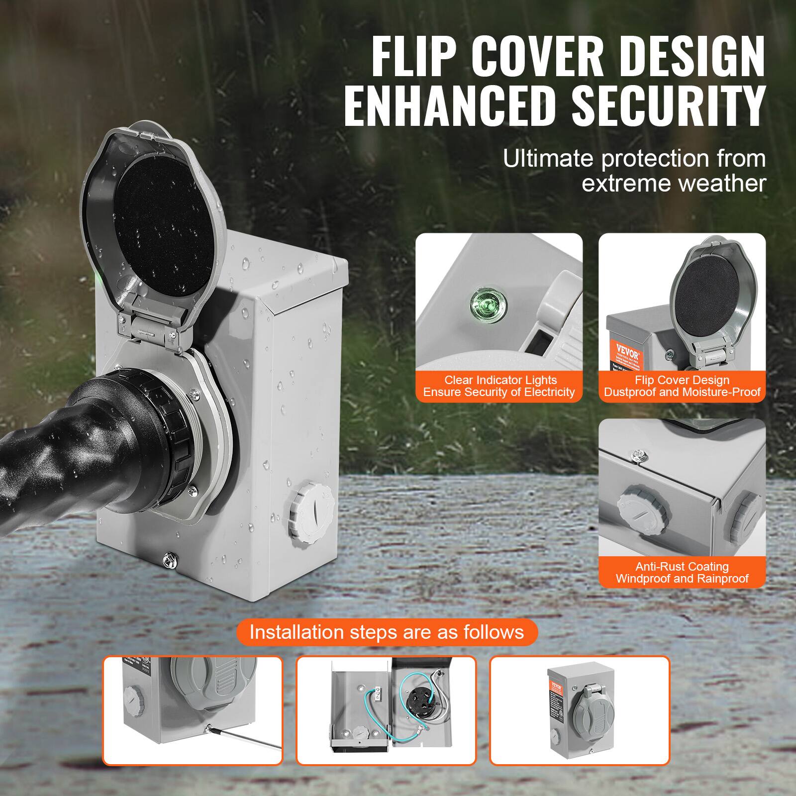 FLIP COVER DESIGN  
ENHANCED SECURITY  

Ultimate protection from extreme weather  

Clear Indicator Lights  
Ensure Security of Electricity  

Flip Cover Design  
Dustproof and Moisture-Proof  

Anti-Rust Coating  
Windproof and Rainproof  

Installation steps are as follows