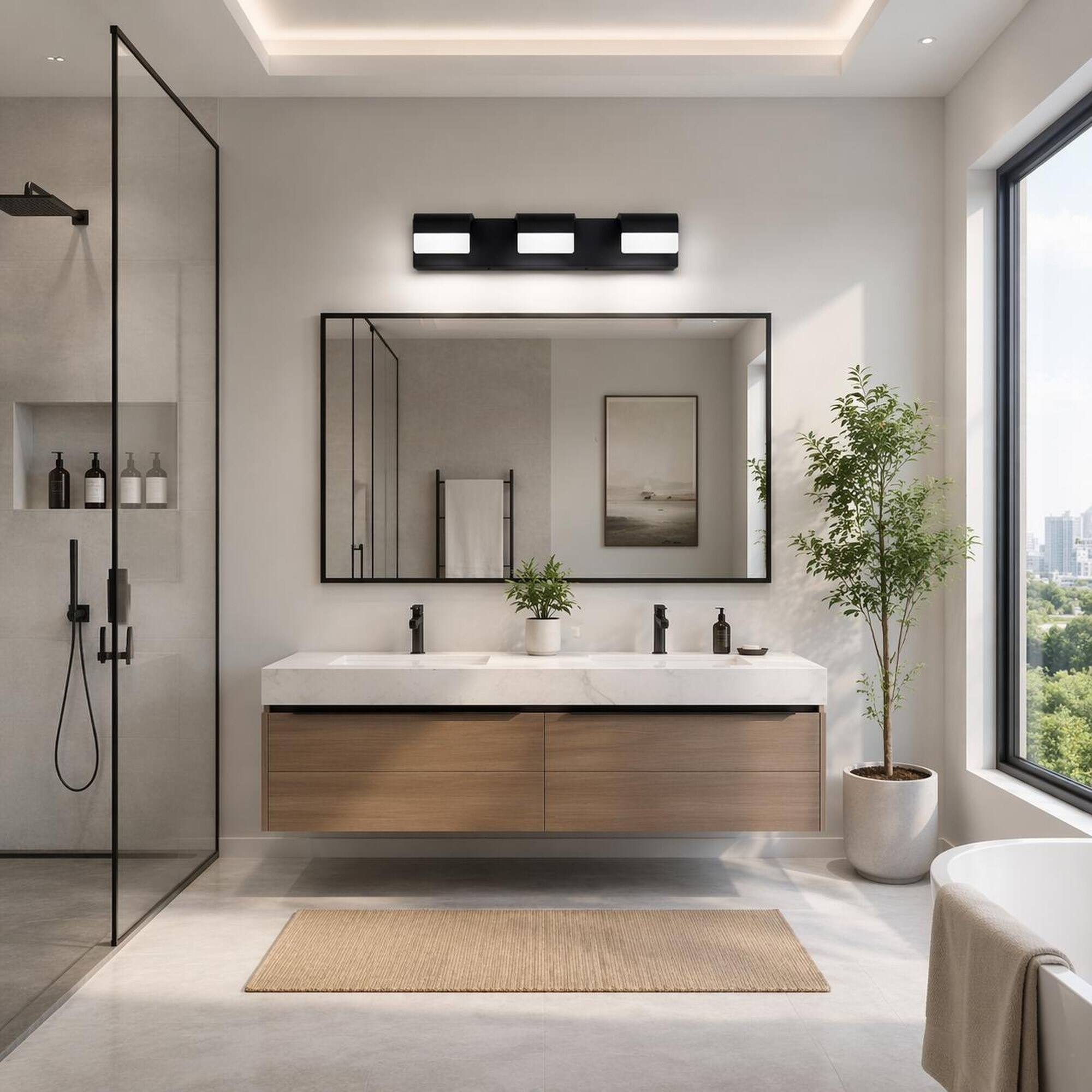 Left. RYHNUYNE - 3‑Light Matte Black LED Bathroom Vanity Light, Modern Vanity Mirror Light for Bathroom Mirror - Black.