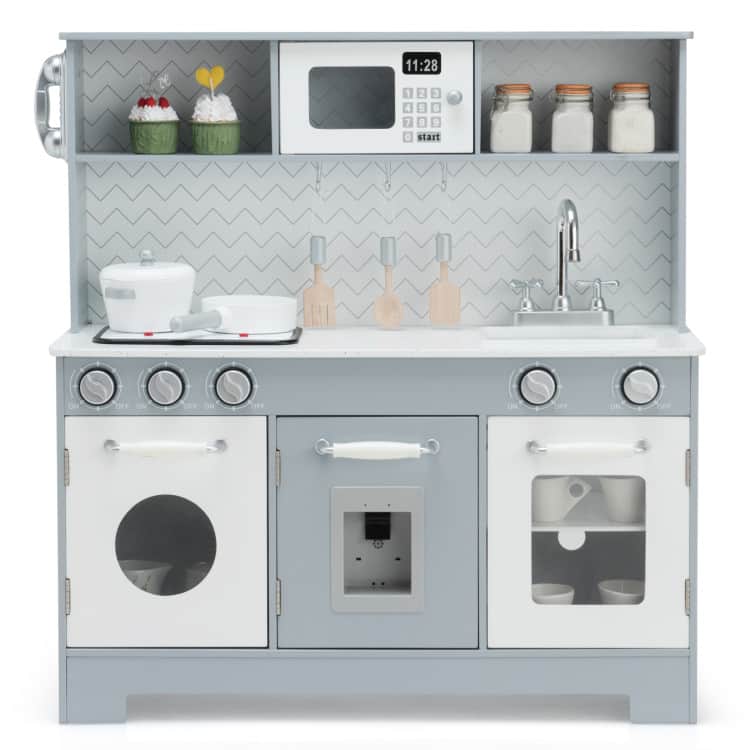 SlickBlue - Pretend Play Wooden Kitchen Toy Set for Kids with Light and Sound Features - White, Grey