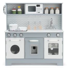 SlickBlue - Pretend Play Wooden Kitchen Toy Set for Kids with Light and Sound Features - White, Grey