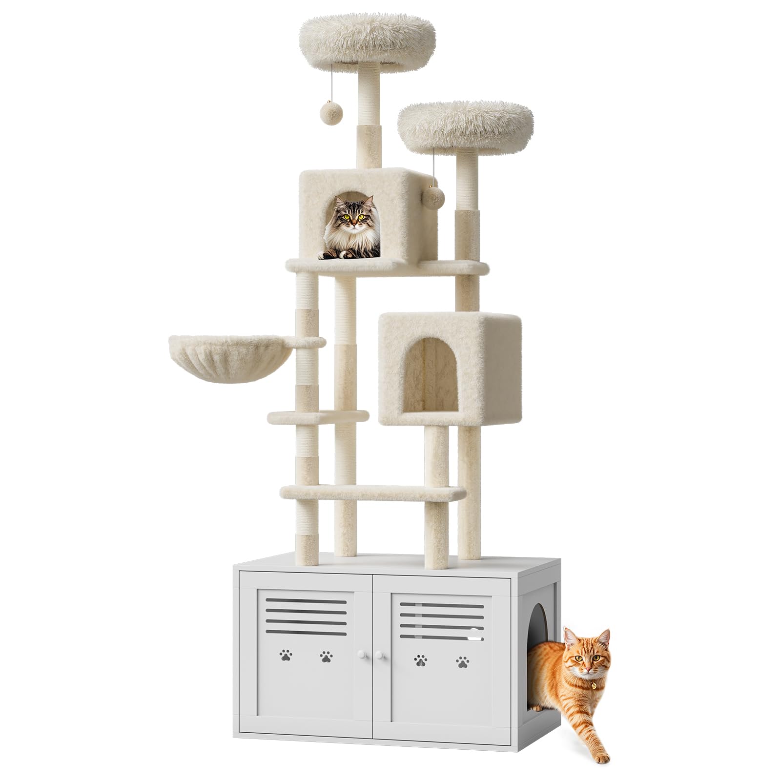 GARVEE - Modern 75.6" Tall 2-in-1 Cat Tree w/ Hidden Litter Box Enclosure, Scratching Posts, Condos & Perches - White