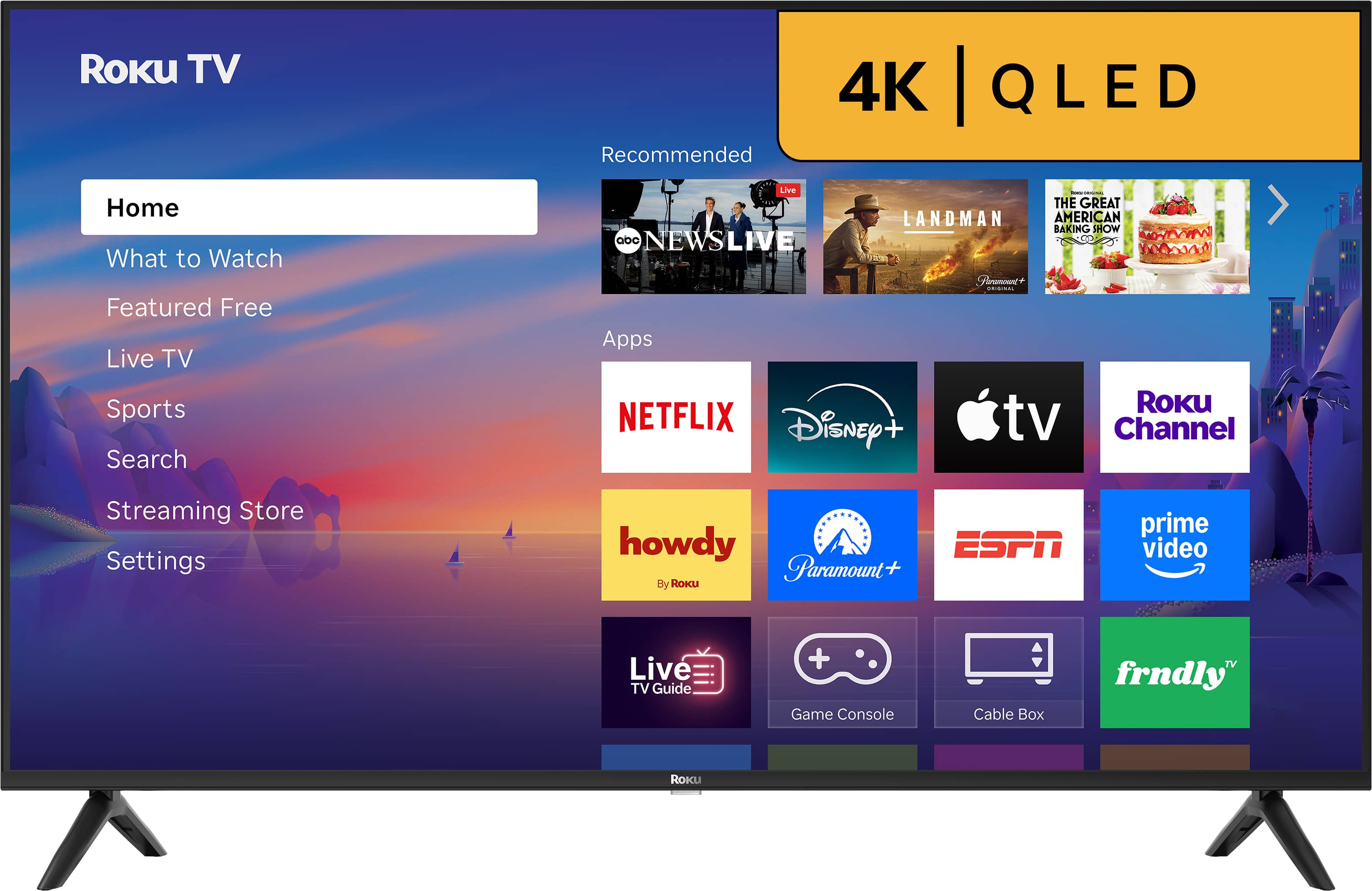 Roku TV Home What to Watch Featured Free Live TV Sports Search 4K QLED Recommended Live - THE GREAT AMERICAN BAKING SHOW aDo NEWSLIVE E fanomoun+ CE Apps Roku NETFLIX Disney + tv Channel Streaming Store Settings howdy ESPN Paramount+ By Roku prime video Live TV Guide + Game Console Cable Box frndly" RoKu