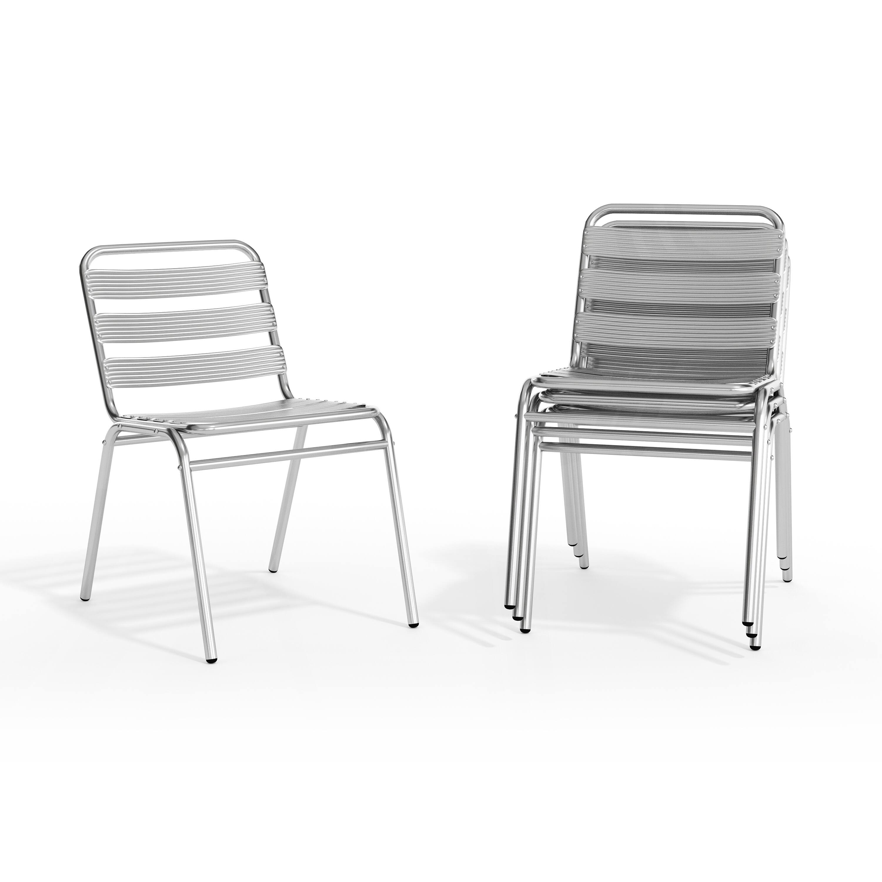 Alt View 10. Emma + Oliver - 4 Pack Metal Commercial Indoor-Outdoor Armless Restaurant Stack Chair with Triple Slat Back - Aluminum.