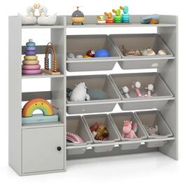 Costway - Kids Toy Storage and Bookshelf, Wooden Bookcase with 4 Small Boxes & 4 Large Boxes - Gray