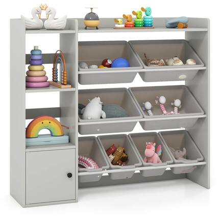 Front. Costway - Costway Kids Toy Storage and Bookshelf, Wooden Bookcase with 4 Small Boxes & 4 Large Boxes - Gray.