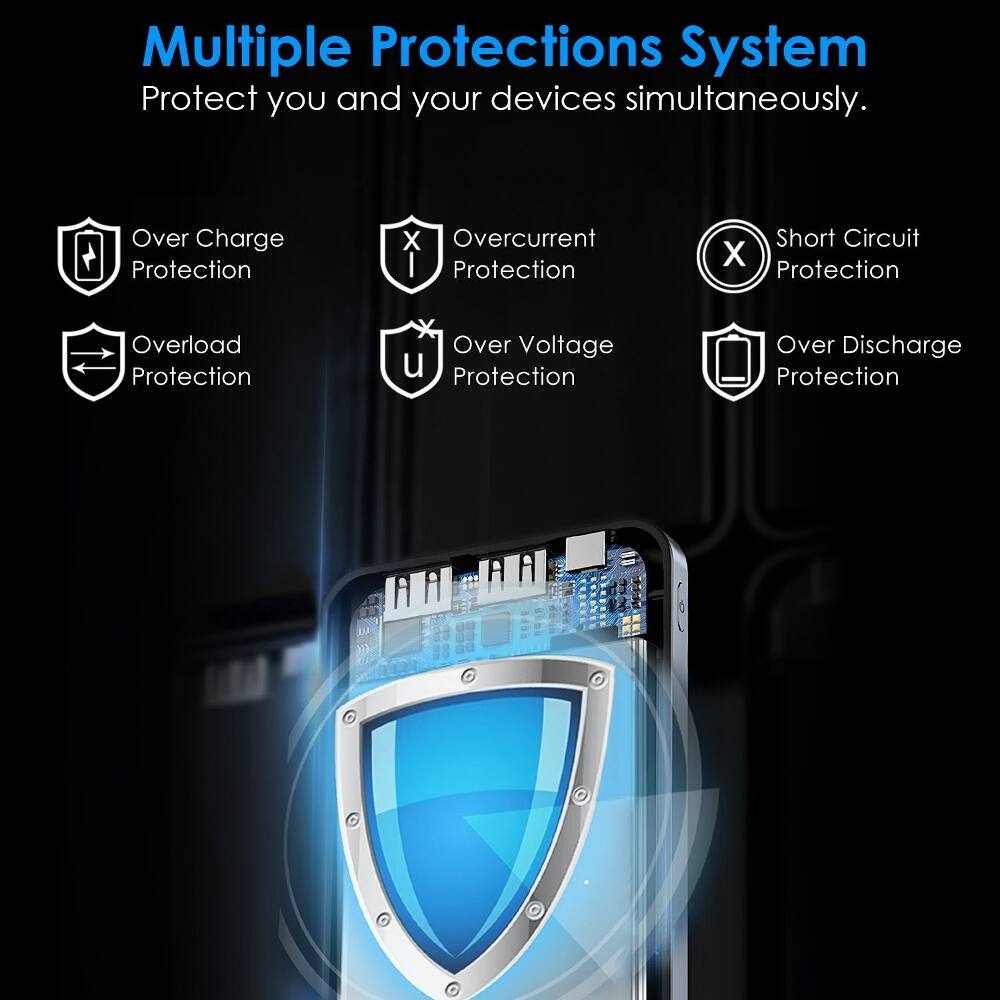 Multiple Protections System Protect you and your devices simultaneously.

- Over Charge Protection
- Overcurrent Protection
- Short Circuit Protection
- Overload Protection
- Over Voltage Protection
- Over Discharge Protection