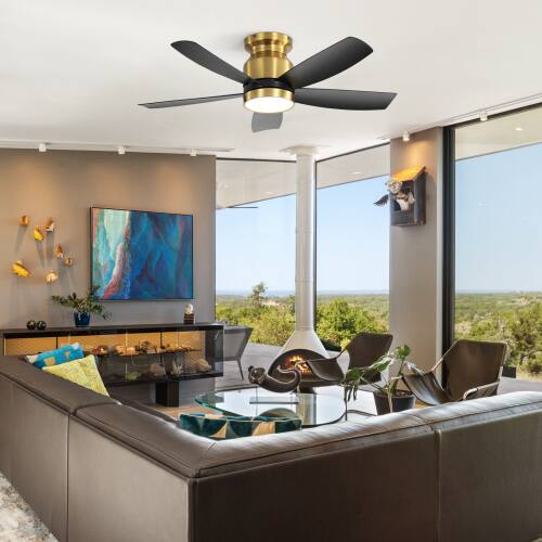 Angle. LUCKY ONE - 42" Flush Mount Ceiling Fan with Light Remote 5 ABS Blades DC Motor - Gold.
