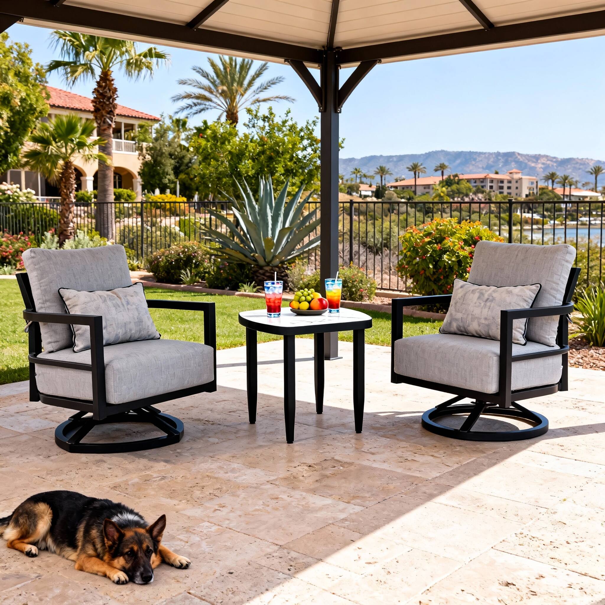 Left. Mondawe - 3-Piece Aluminum Patio Set with Fully Weld Swivel Lounge Chair, Side Table and Sunbrella Cushions - Ember Black+Grey.