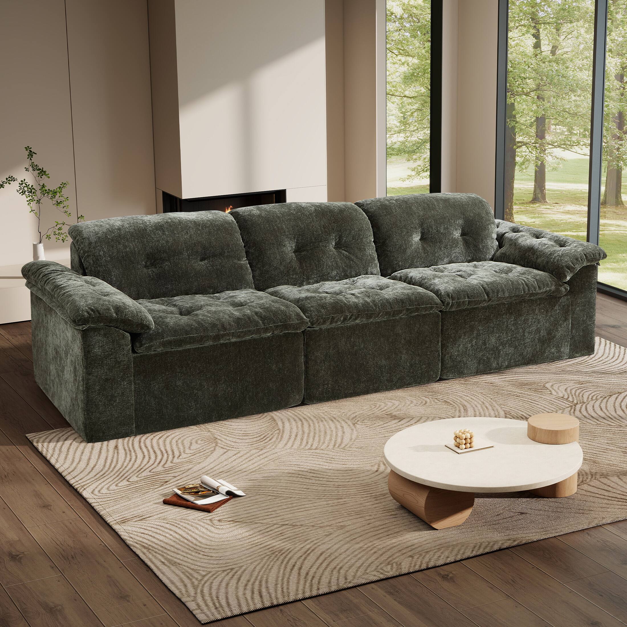 Angle. Anysun - Anysun 3-Seater Luxurious Modern Cloud Chenille Modular Sectional Sofa with Detachable Backrest - Emerald.