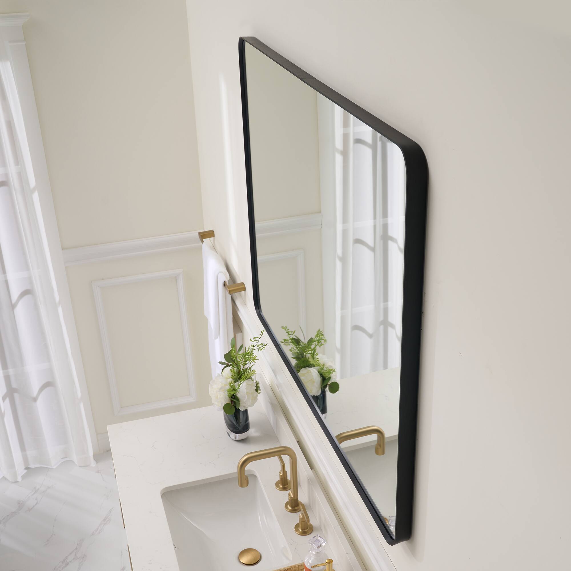 Angle. WELLFOR - 48 in. W x 36 in. H Rectangular Aluminum Framed Wall-Mounted Bathroom Vanity Mirror - Matte Black.