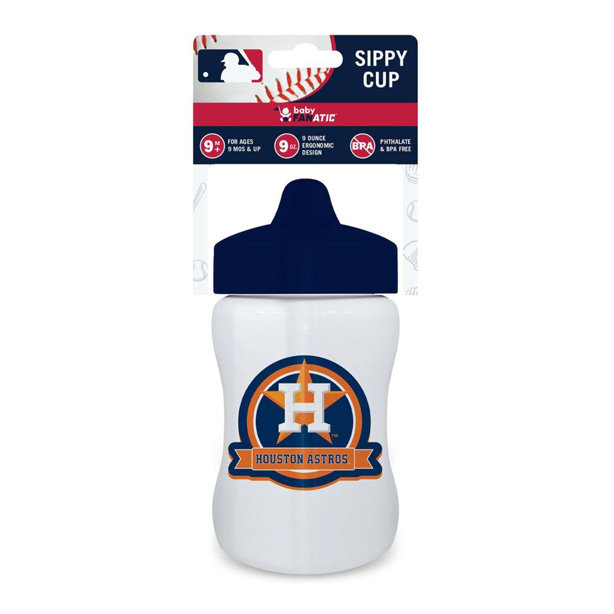 Sippy Cup  
Baby Fanatic  
9+ for ages 9 mos & up  
9 ounce  
Ergonomic design  
Phthalate & BPA free  
Houston Astros