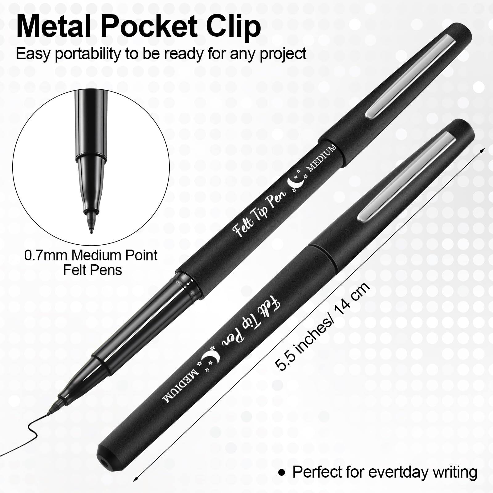 Metal Pocket Clip  
Easy portability to be ready for any project  

0.7mm Medium Point Felt Pens  

5.5 inches / 14 cm  

Perfect for everyday writing