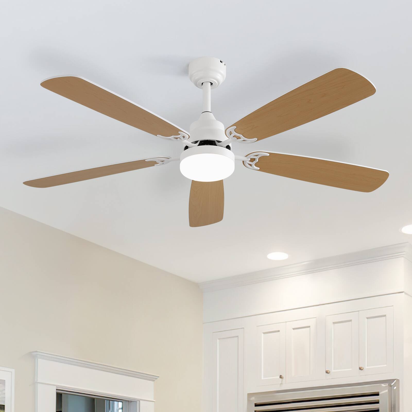Alt View 5. Sofucor - 52'' Modern Ceiling Fan with Light, Downrod & Flush Mount, Quiet DC Motor, Dual Finish 5 Blades for Bedroom Living Room - White.