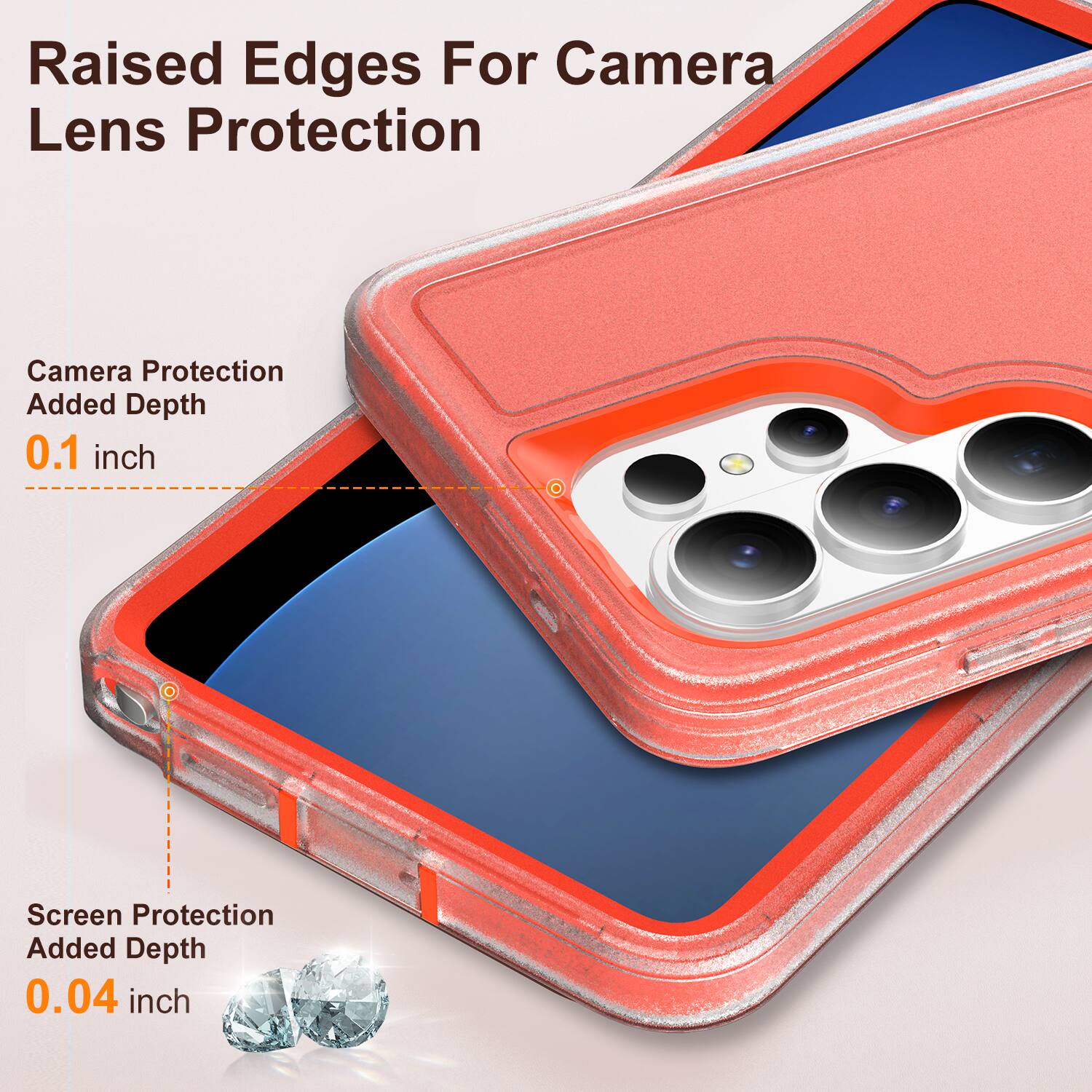 Raised Edges For Camera Lens Protection  
Camera Protection Added Depth 0.1 inch  
Screen Protection Added Depth 0.04 inch