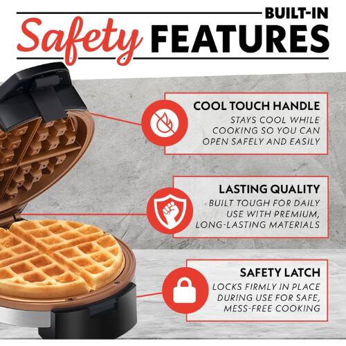 BUILT-IN Safety FEATURES

- COOL TOUCH HANDLE STAYS COOL WHILE COOKING SO YOU CAN OPEN SAFELY AND EASILY
- LASTING QUALITY BUILT TOUGH FOR DAILY USE WITH PREMIUM, LONG-LASTING MATERIALS
- SAFETY LATCH LOCKS FIRMLY IN PLACE DURING USE FOR SAFE, MESS-FREE COOKING
