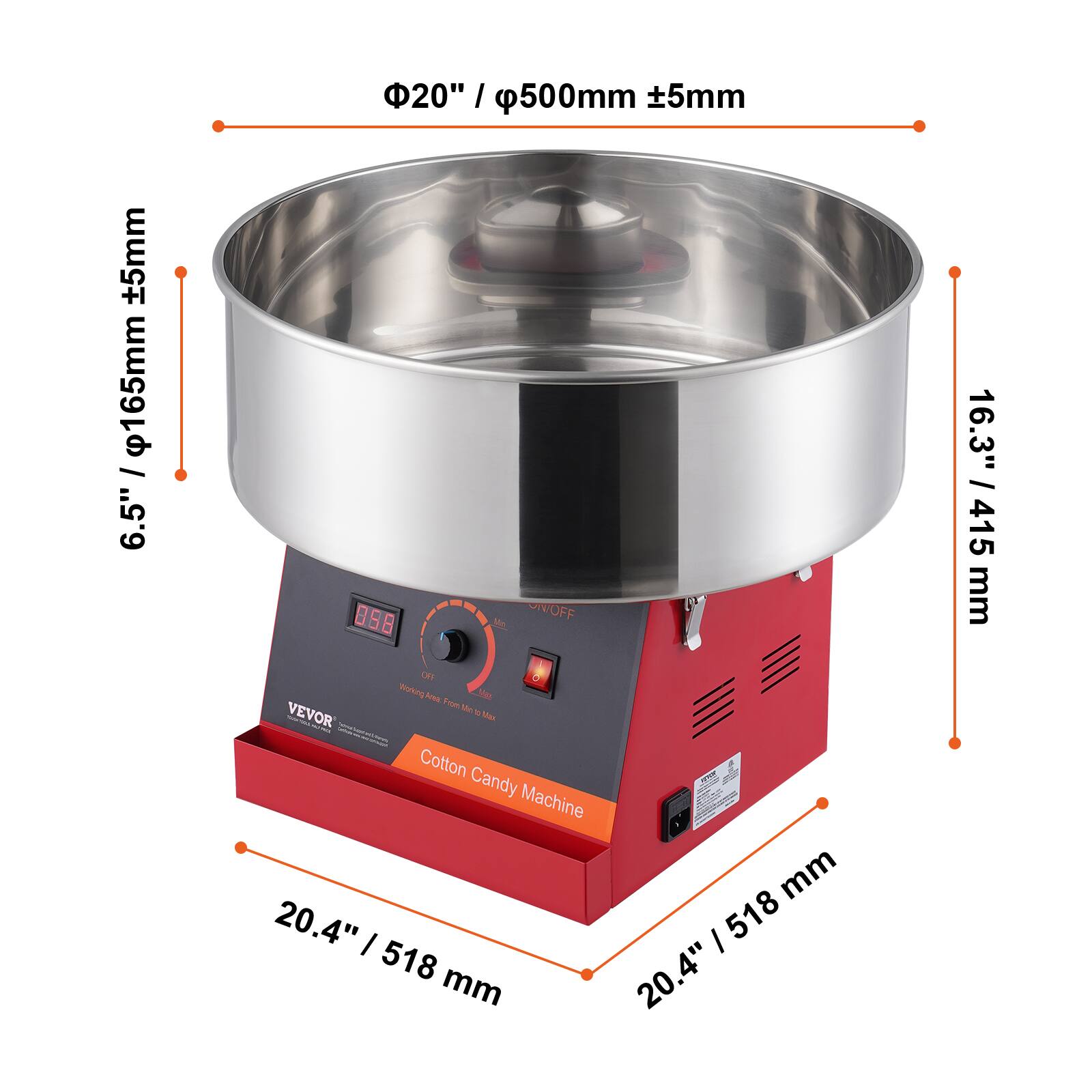 20" / 500mm ±5mm  
6.5" / 165mm ±5mm  
16.3" / 415mm  
20.4" / 518mm  
20.4" / 518mm