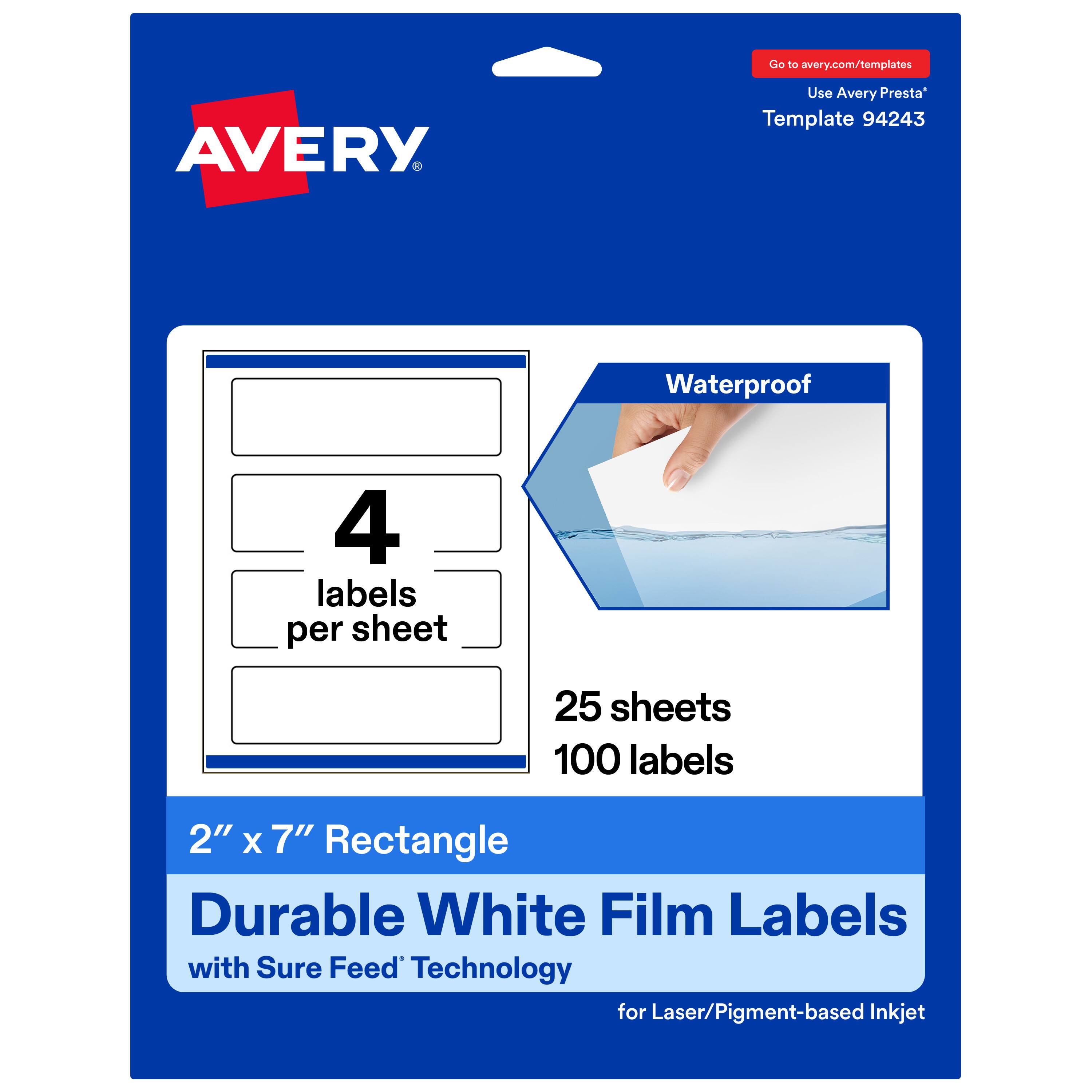 Go to avery.com/templates  
Use Avery Presta™ Template 94243  

Waterproof  
4 labels per sheet  
25 sheets 100 labels  
2" x 7" Rectangle  
Durable White Film Labels with Sure Feed™ Technology for Laser/Pigment-based Inkjet