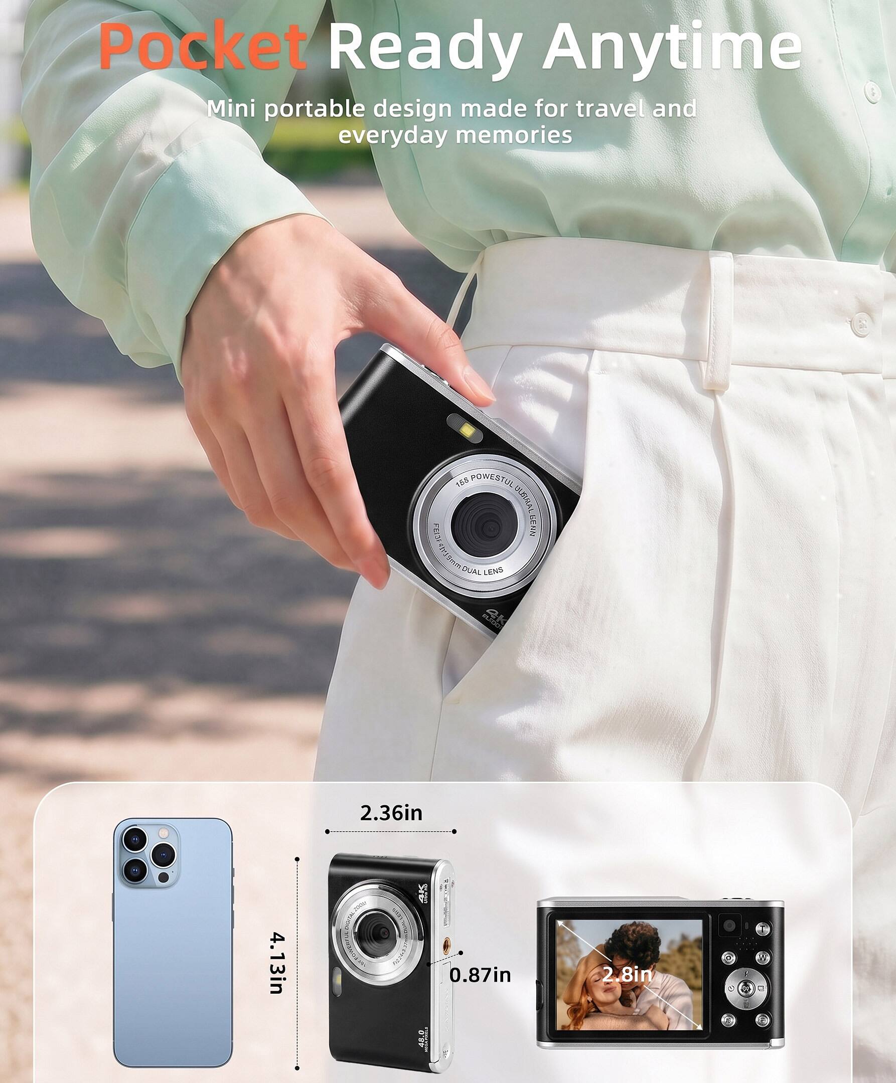 Pocket Ready Anytime  
Mini portable design made for travel and everyday memories  

158 POWESTUL FEIZA CLBIUALEERN ALEENN  
DUAL LENS  

2.36in  
4.13in  
0.87in  
2.8in