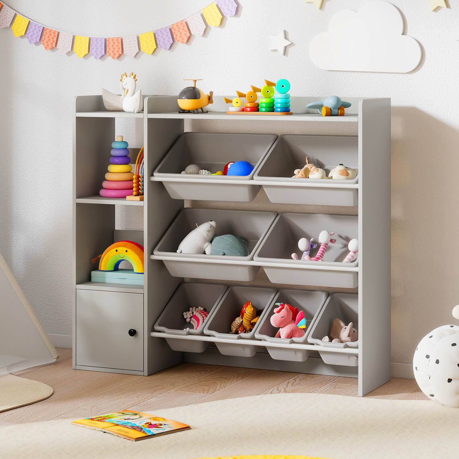 Alt View 1. Costway - Costway Kids Toy Storage and Bookshelf, Wooden Bookcase with 4 Small Boxes & 4 Large Boxes - Gray.