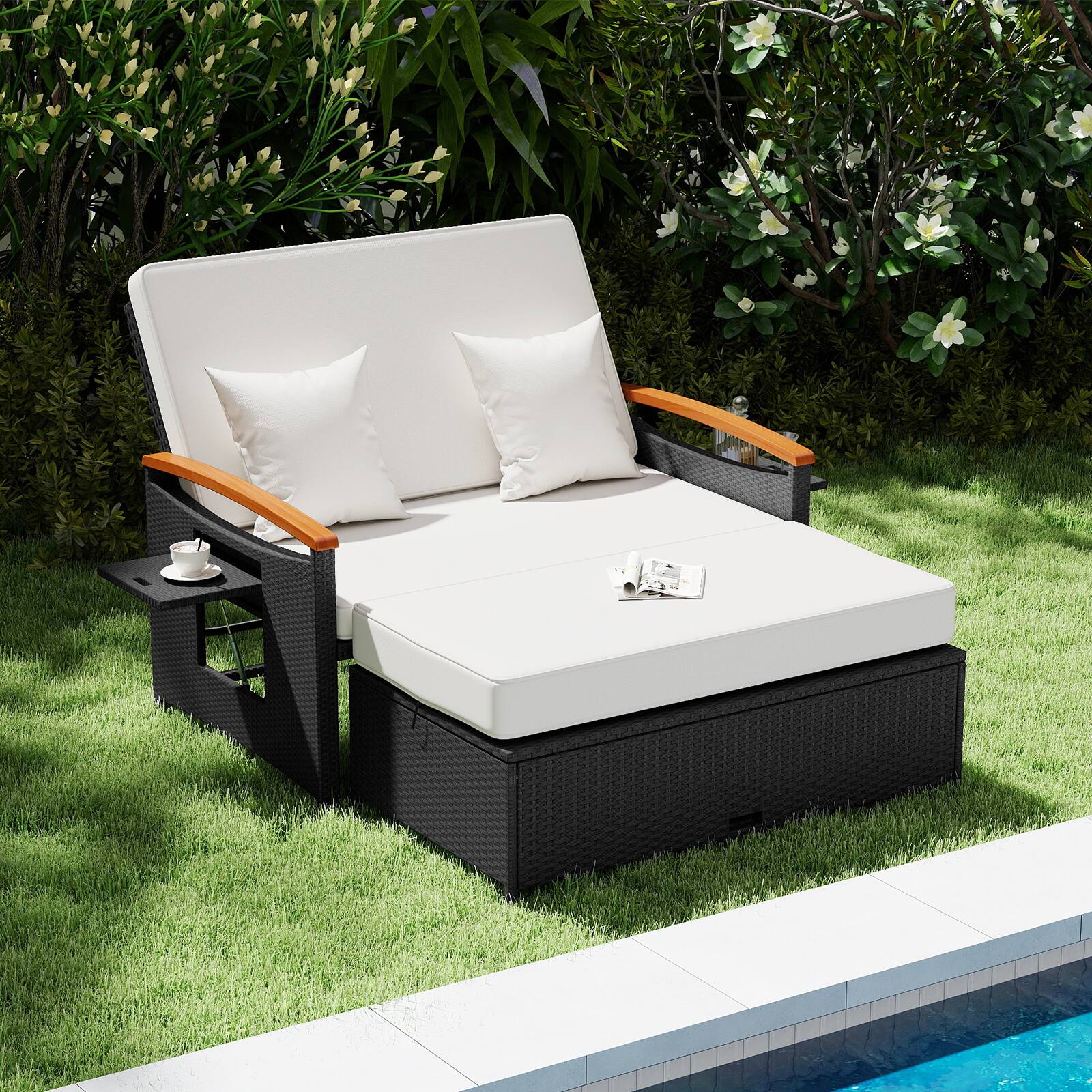Alt View 4. Gymax - Gymax Patio Rattan Daybed Set w/Cushioned Loveseat & Storage Ottoman for Porch Outdoor White - White.