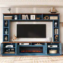 Loheer - Media Console Entertainment Center with Electric Fireplace Wall Unit for 80 Inch TV - Navy Blue