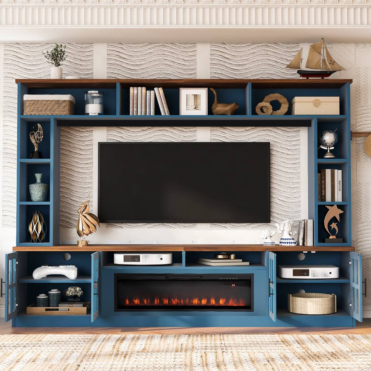 Front. Loheer - Loheer Navy Blue Media Console Entertainment Center with Electric Fireplace Wall Unit for 80 Inch TV - Navy Blue.