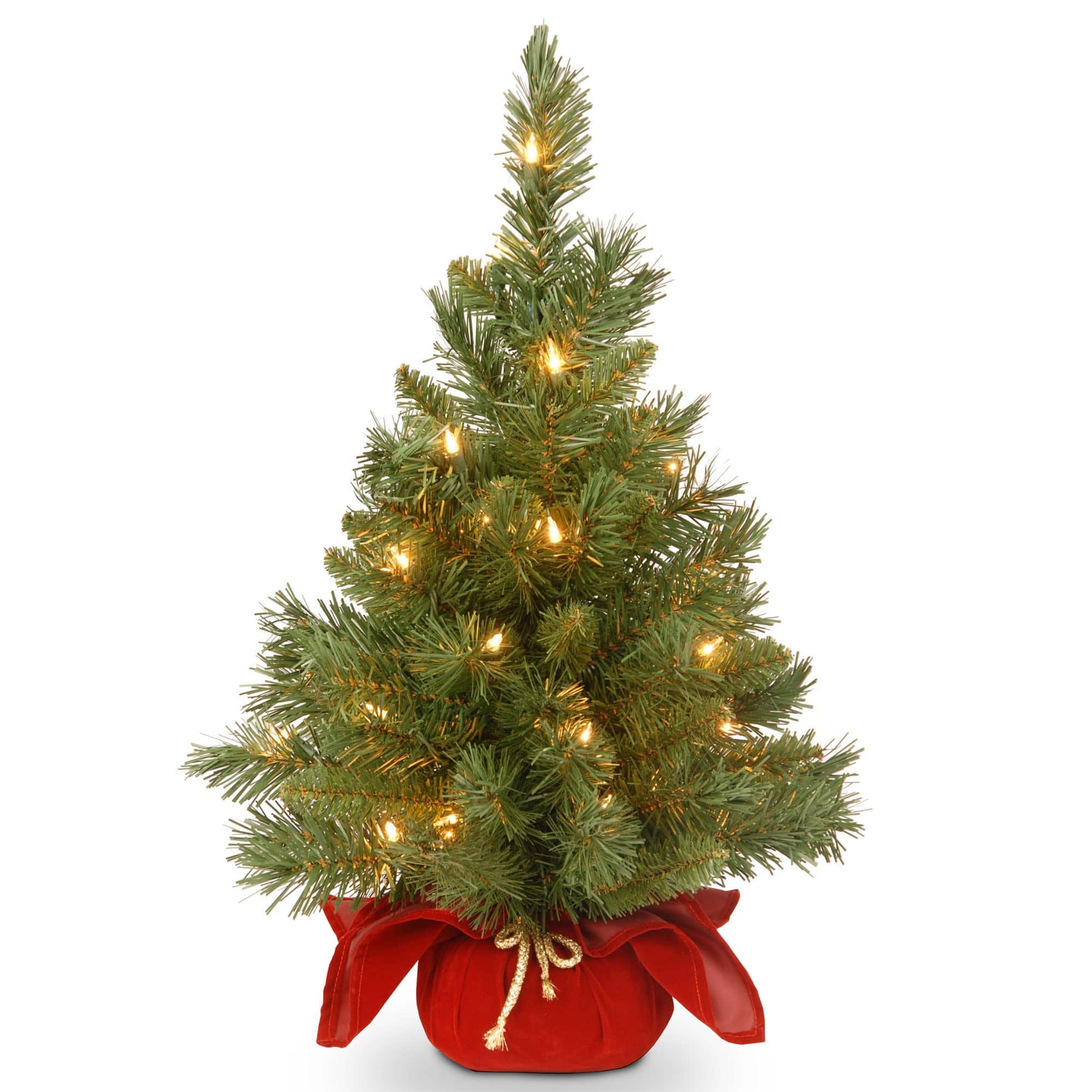 Stylel Star - National Tree Company 24 in Pre-Lit Majestic Fir Mini Artificial Christmas Tree, 35 Clear Lights, 71 Tips, Red - Plug in w/Red Bag