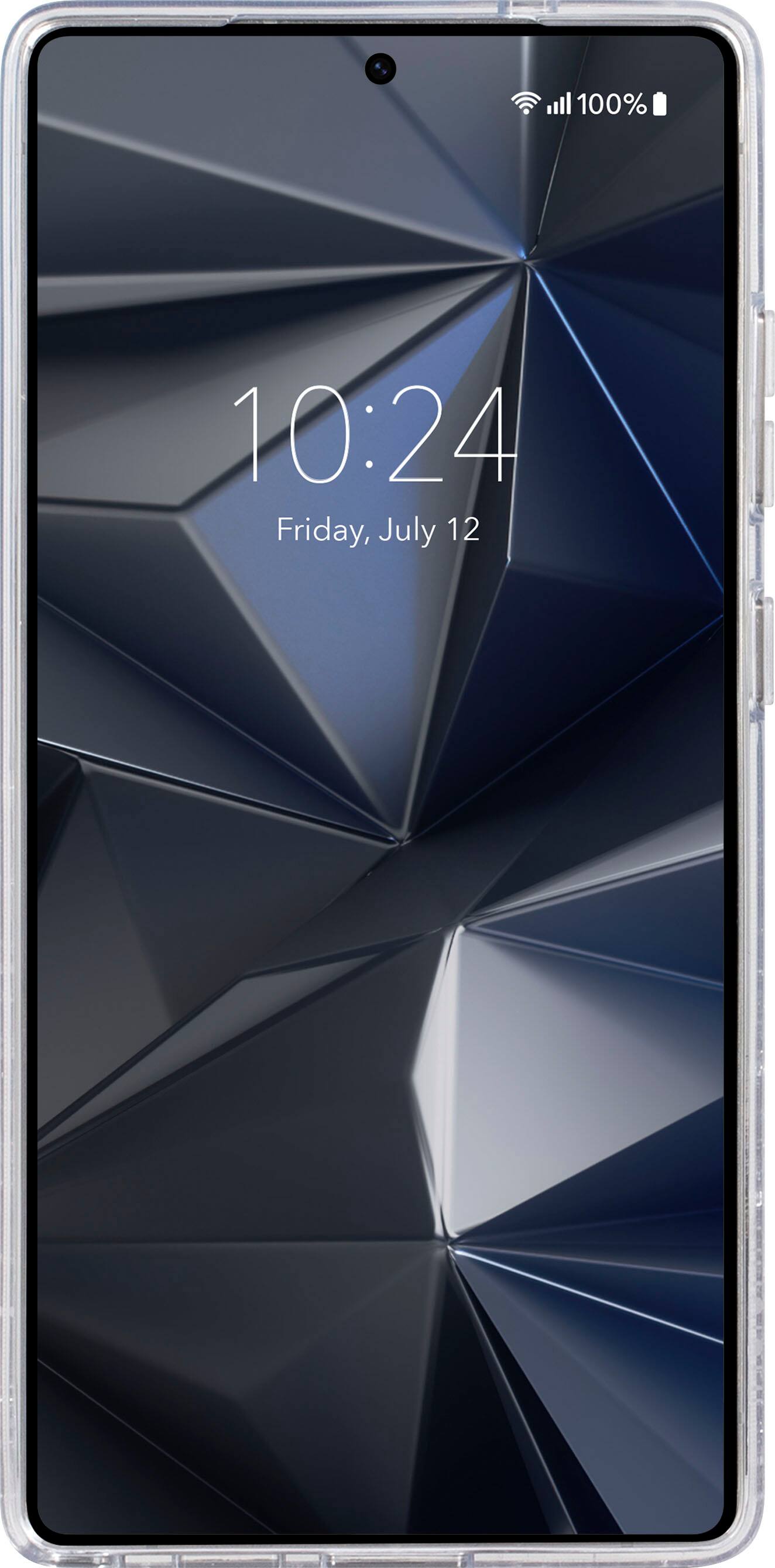 The image shows a smartphone with a blue and grey background. The time displayed on the screen is 10:24.