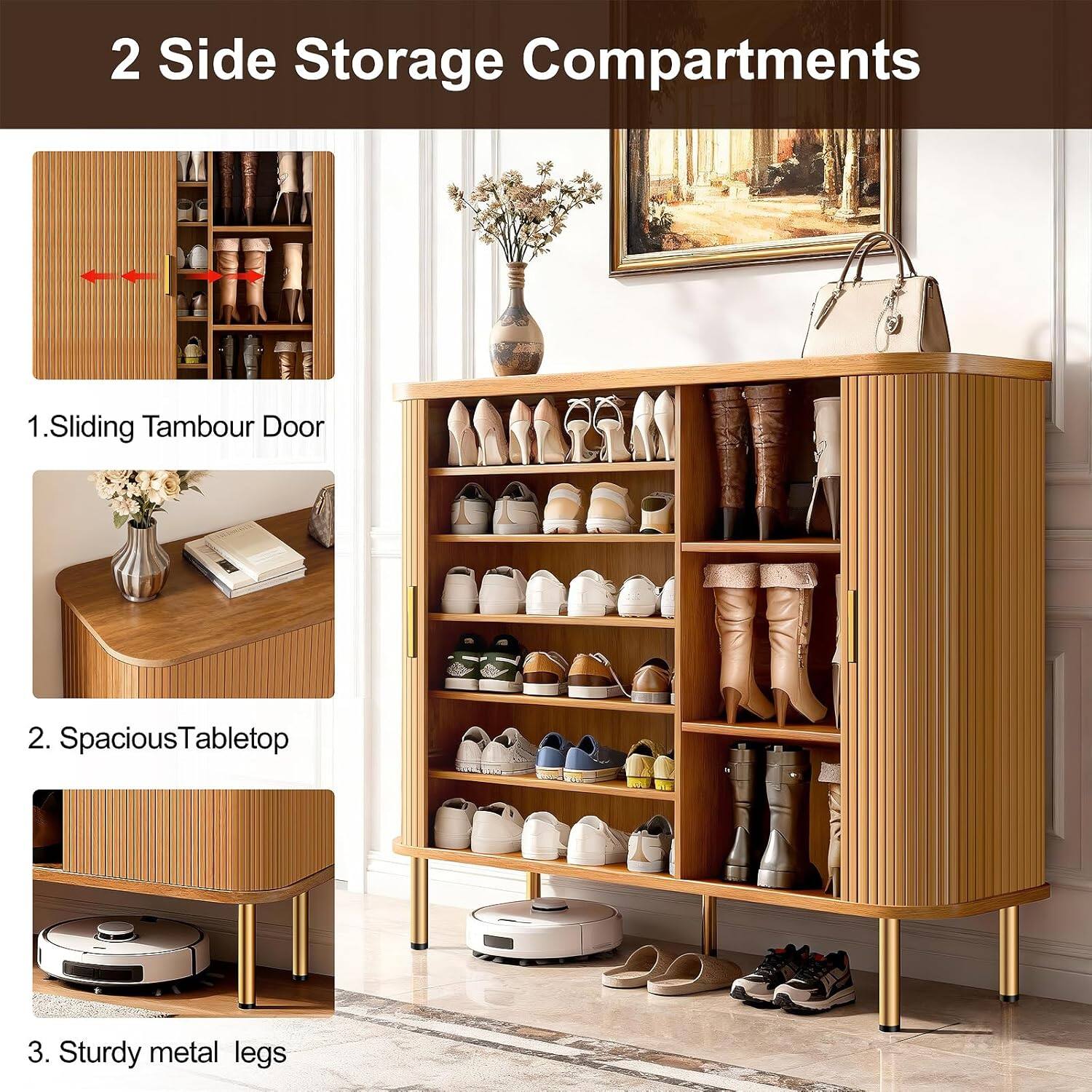 2 Side Storage Compartments  
1. Sliding Tambour Door  
2. Spacious Tabletop  
3. Sturdy metal legs